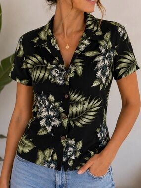 VTG Aloha Republic Hawaiian Button Up Shirt Size Large Fitted Black Tropical